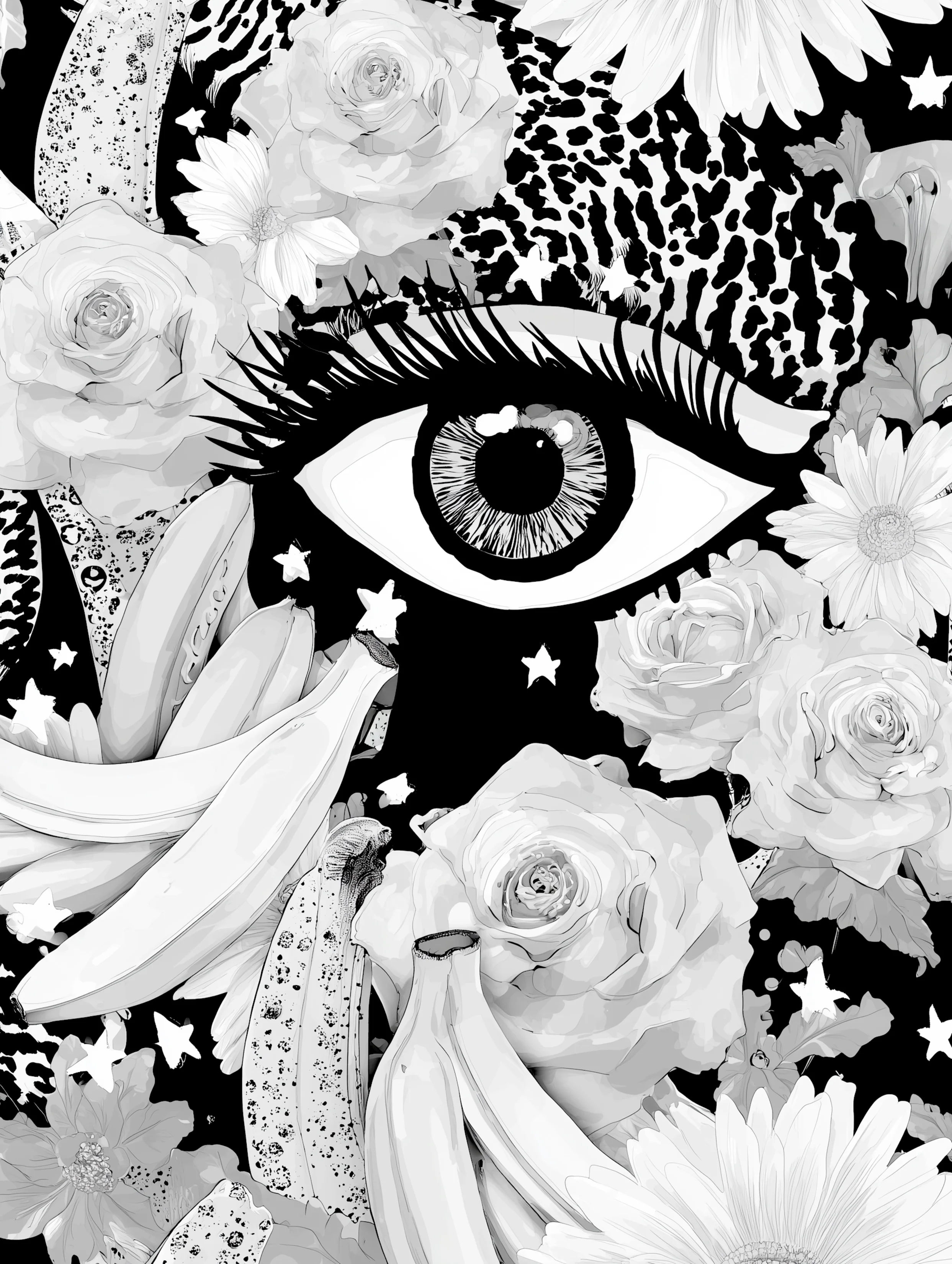 Free printable banana coloring page for adults featuring eye with bunches of bananas